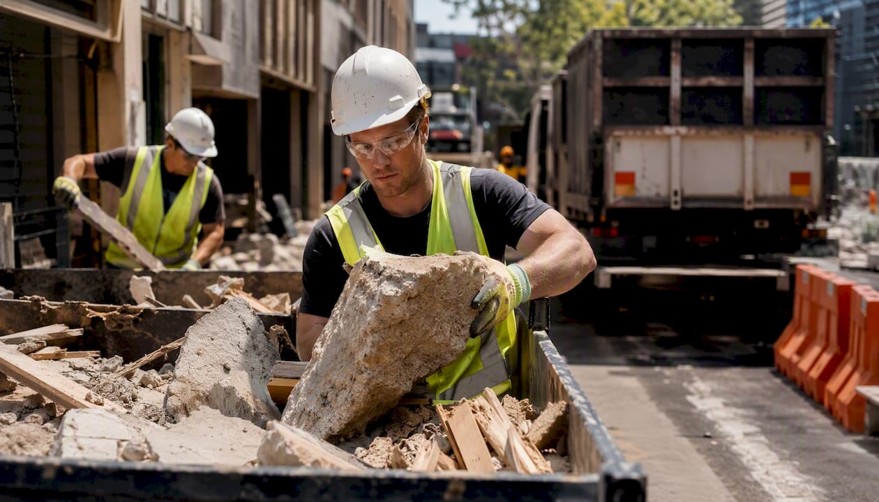 Workers removing strip-out debris on site