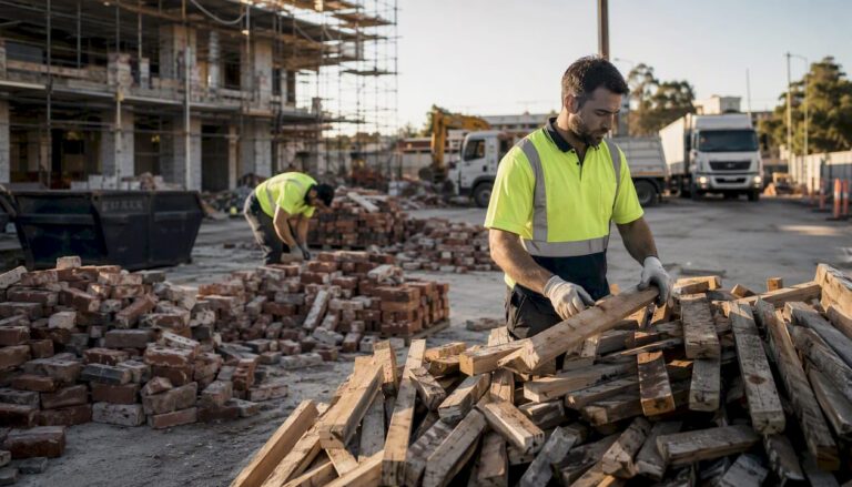 Commercial site workers sorting salvaged building materials