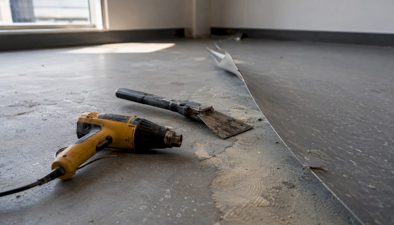 Hand scraper and heat gun near vinyl floor