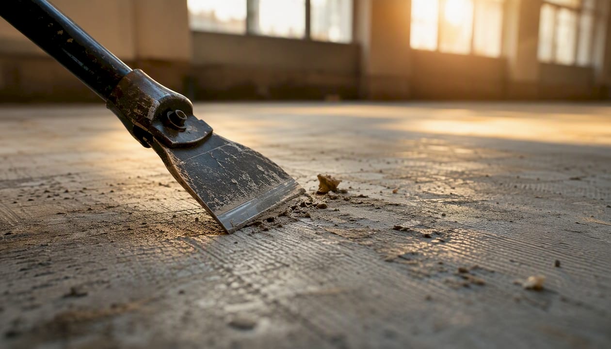Floor scraper blade on concrete floor adhesive