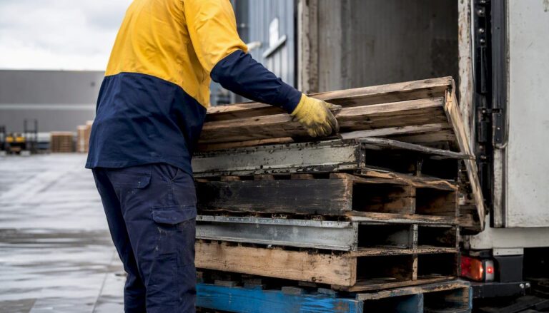 Rubbish truck loading mixed pallets at Sydney dock