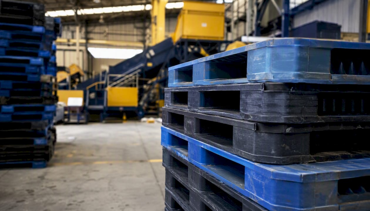 Clean plastic pallets stacked in recycling plant
