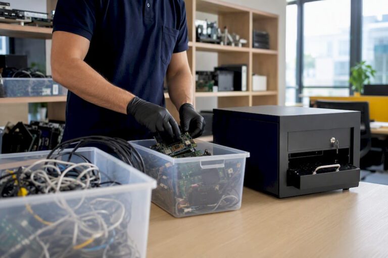 Technician sorting separated business e-waste
