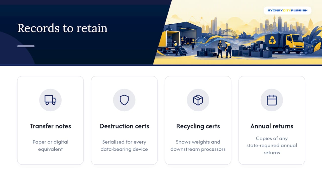 Checklist infographic of e-waste recycling compliance documents