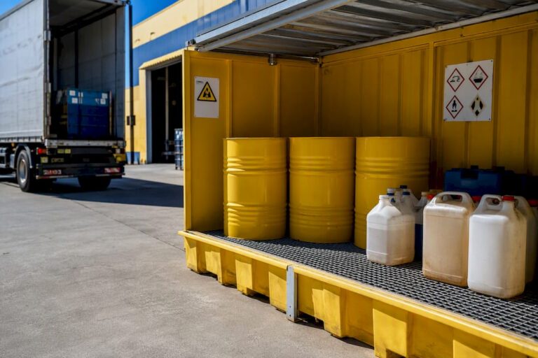 Segmented hazardous waste containers in commercial yard