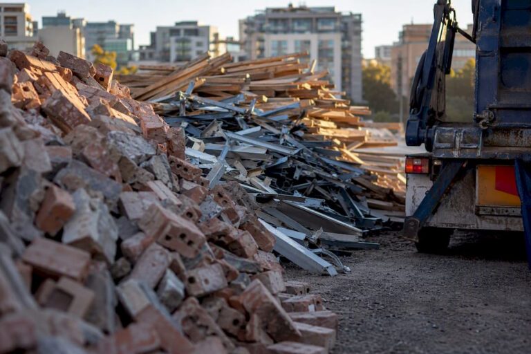 Segregated construction debris piles at site