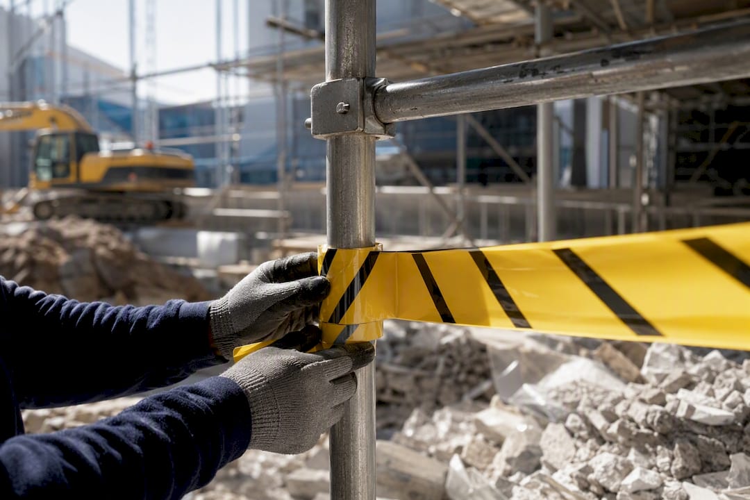 Gloved hands securing caution tape on site