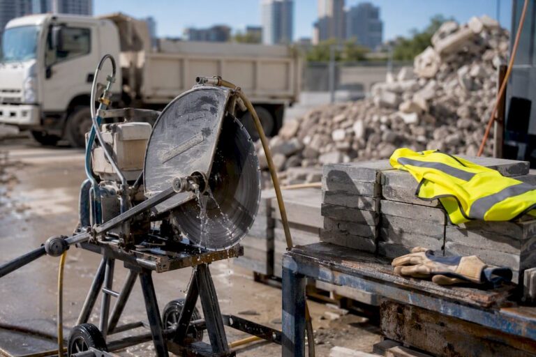 Concrete cutting saw with water feed on construction site