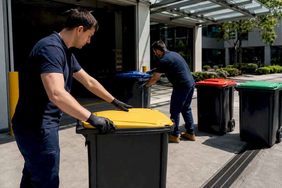 Hands arranging labelled waste containers