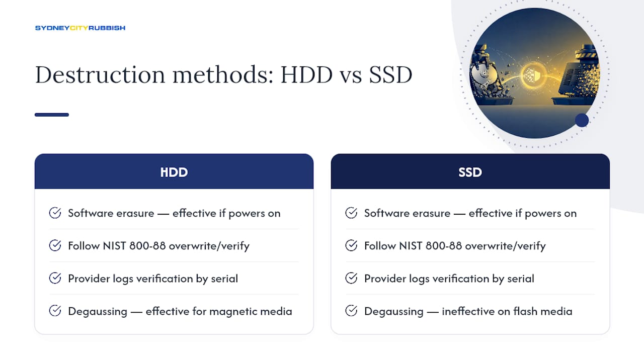 Comparison diagram of HDD vs SSD data destruction methods