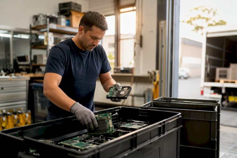 Hands loading secure e-waste containers