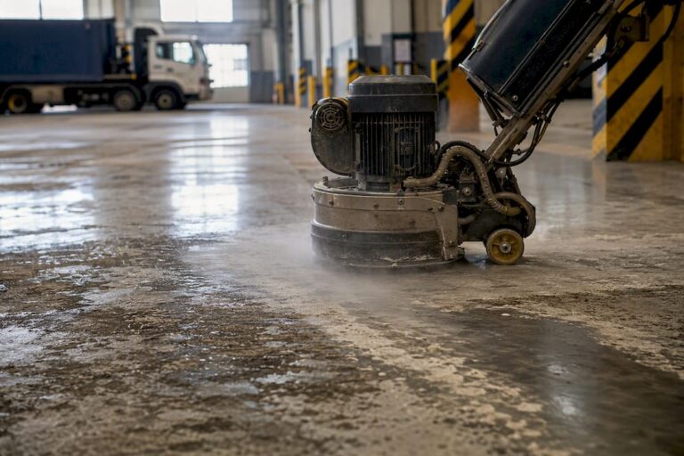Diamond grinding machine removing adhesive from commercial concrete floor
