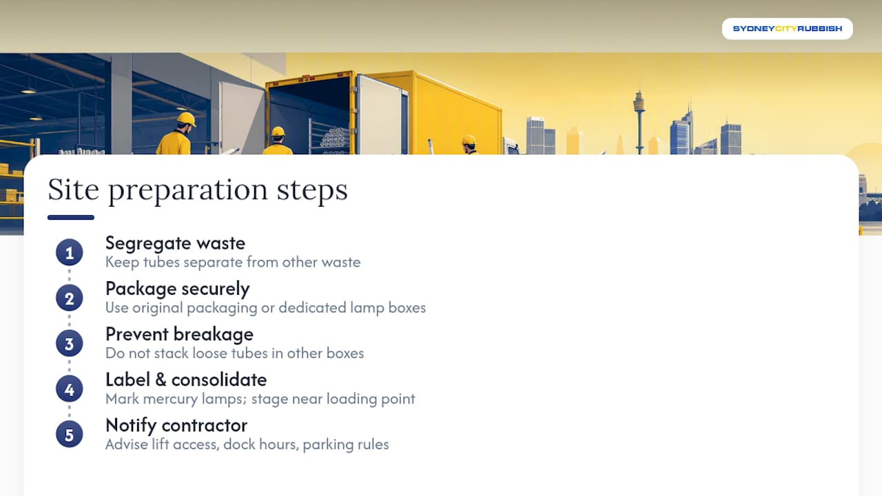 Diagram of fluorescent tube disposal preparation steps