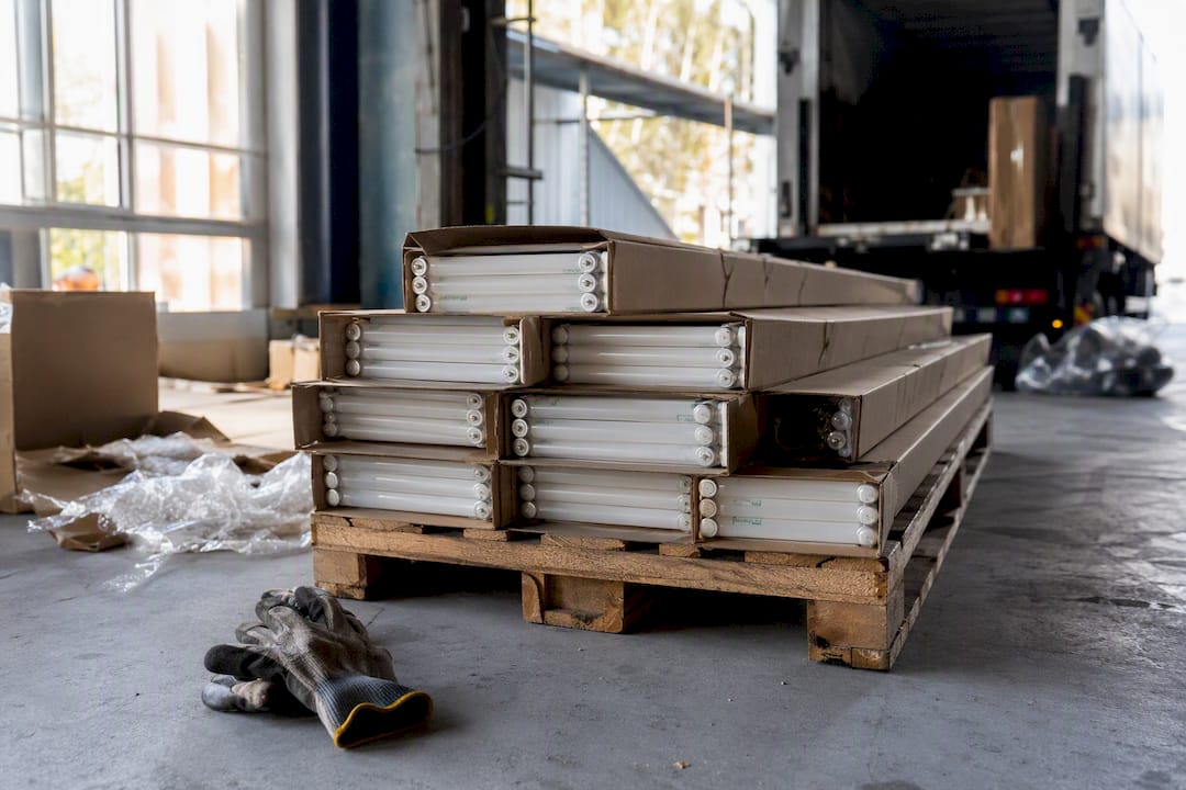 Packed fluorescent tubes in commercial loading dock