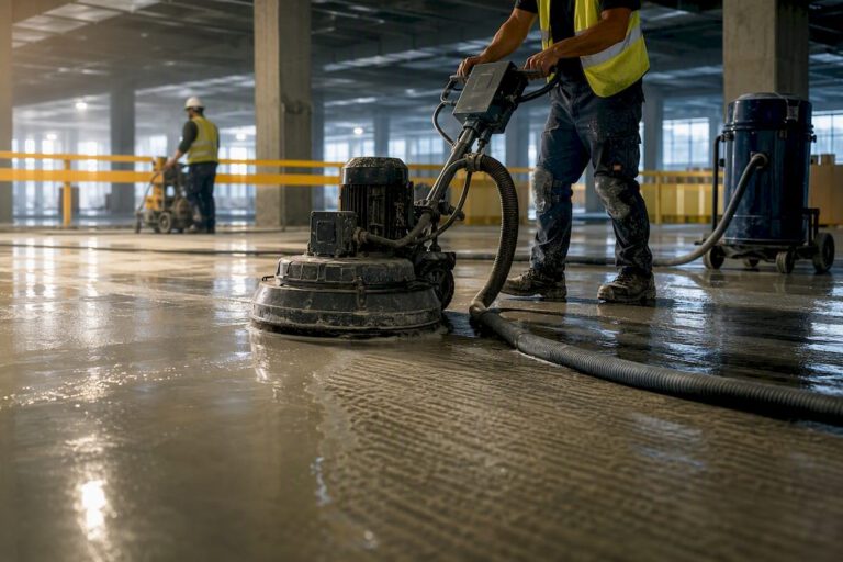 Wet concrete grinding on commercial site