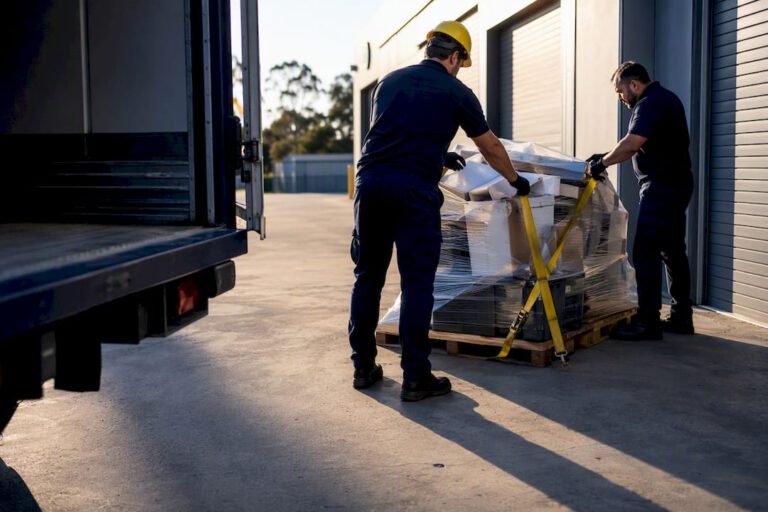 Commercial crew securing warehouse waste load