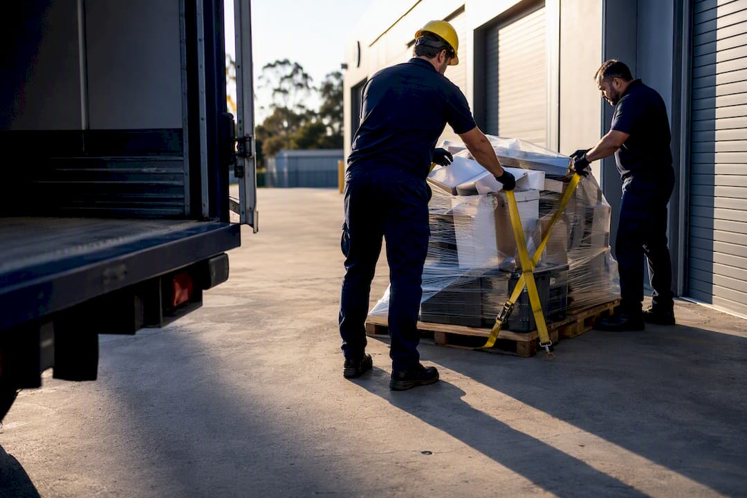 Commercial crew securing warehouse waste load
