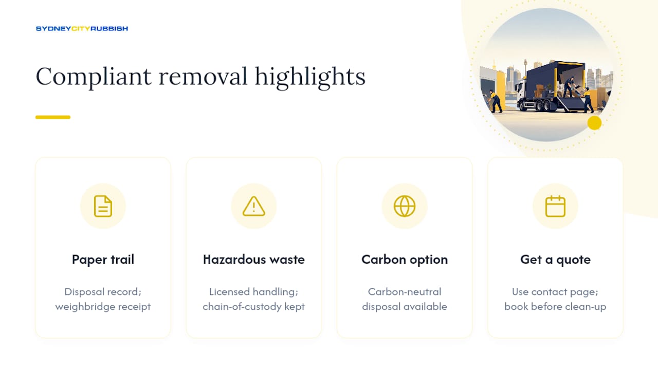 Compliant rubbish removal that keeps owner onus off your desk — overview diagram