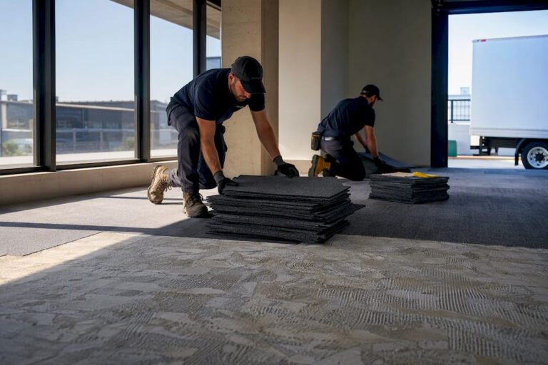 Workers removing carpet tiles from commercial office