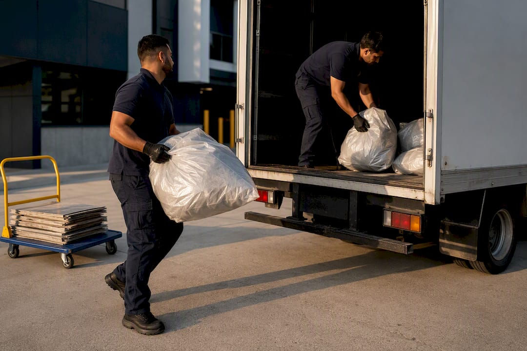 Workers loading commercial flooring debris