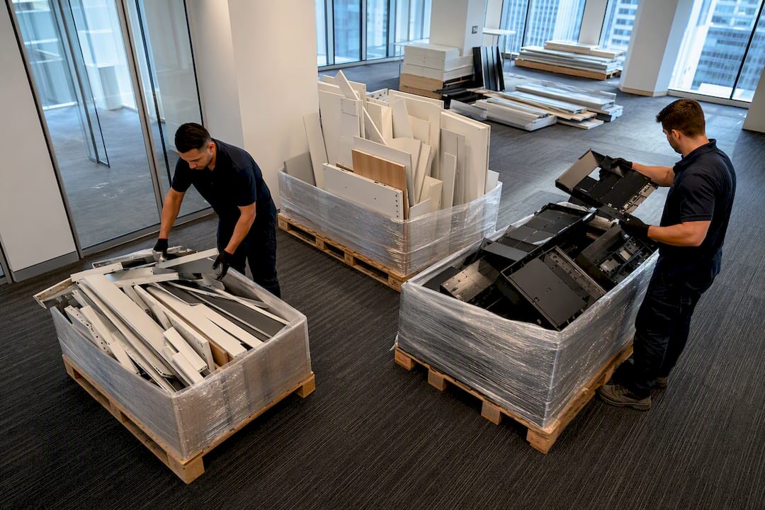 Crew sorting office furniture and e-waste