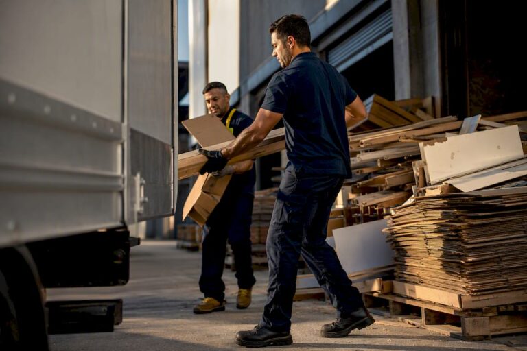 Workers loading commercial waste beside truck