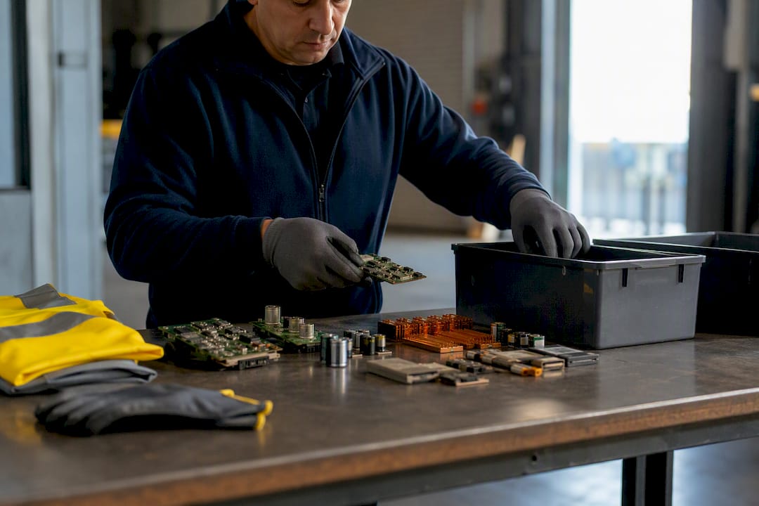 Worker sorting commercial e-waste components