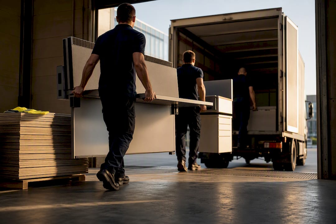 Workers removing office furniture at loading dock