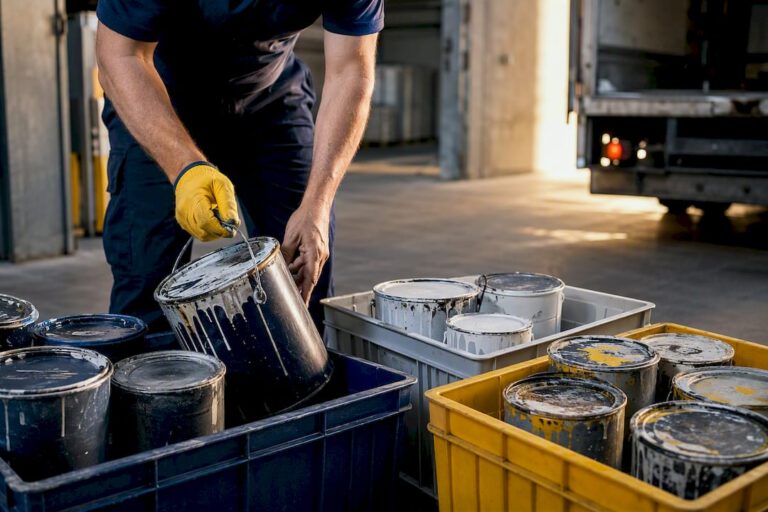 Worker sorting paint tins at commercial site