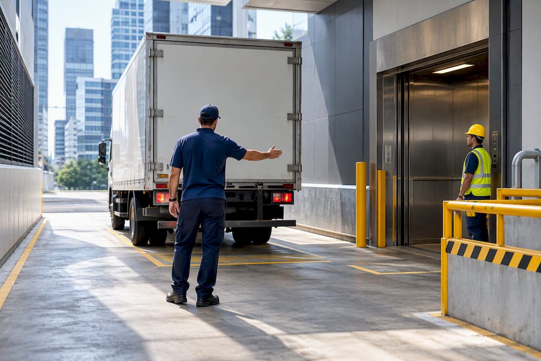 Crew coordinating commercial loading dock access