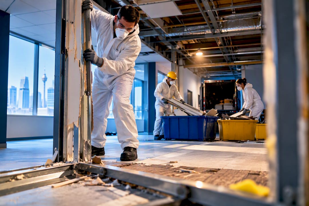 Commercial office strip-out crew sorting materials