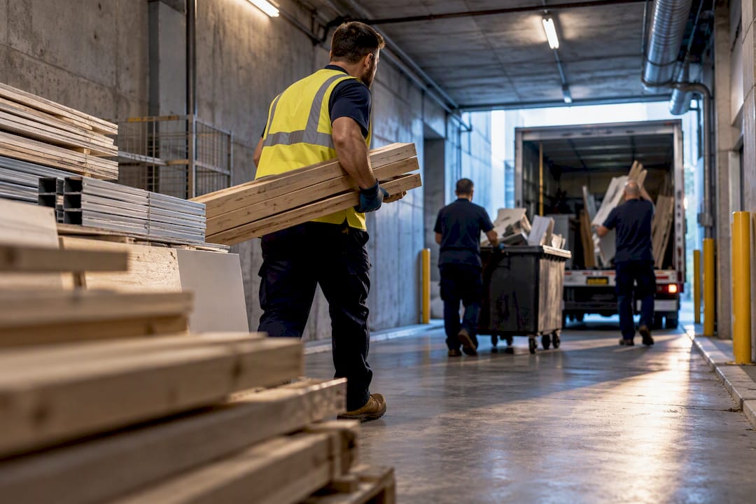 Commercial crew moving sorted materials for removal