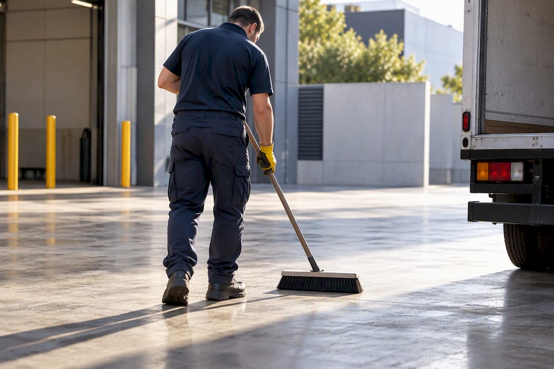 Worker sweeping cleared office loading court