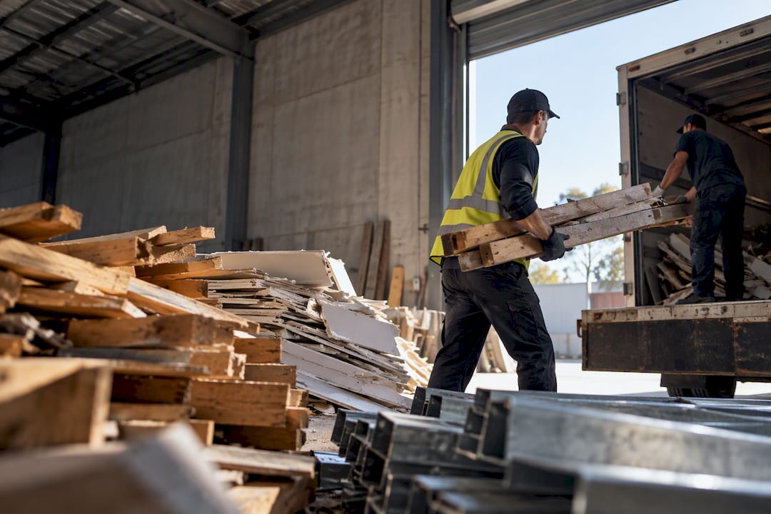 Workers loading demolition waste at warehouse