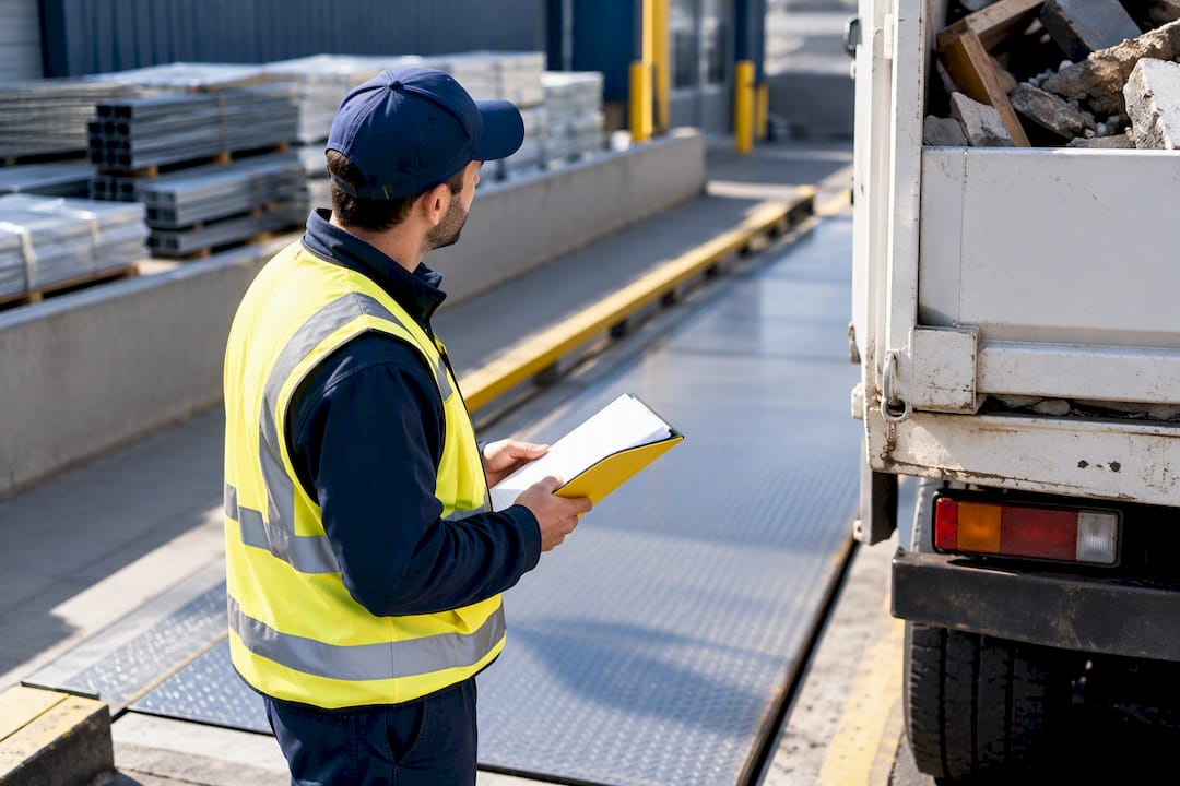 Worker checking weighbridge ticket for demolition load
