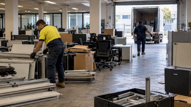 Workers sorting office move materials for removal