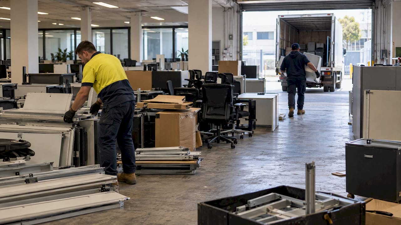 Workers sorting office move materials for removal
