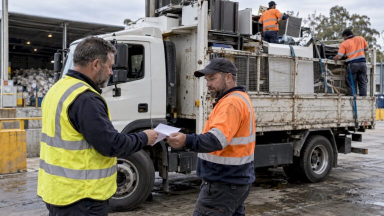 Worker handing over weighbridge receipt beside truck