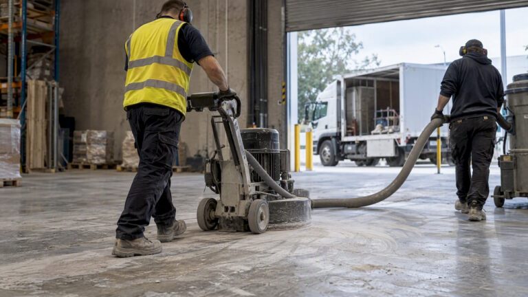 Commercial worker grinding concrete warehouse floor