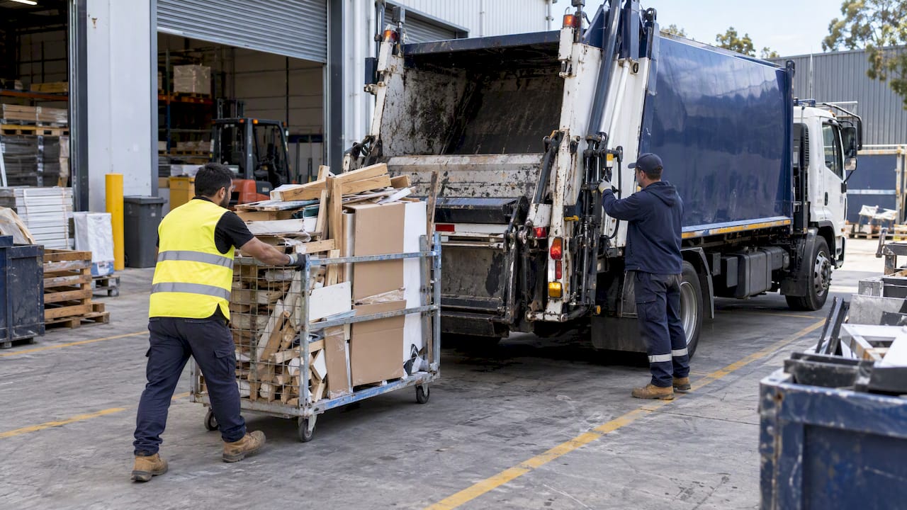 Workers loading commercial waste truck in Parramatta