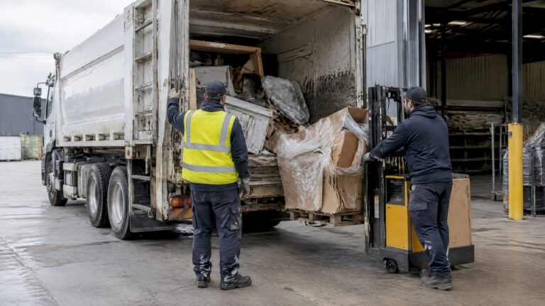Commercial waste crew securing a truck load
