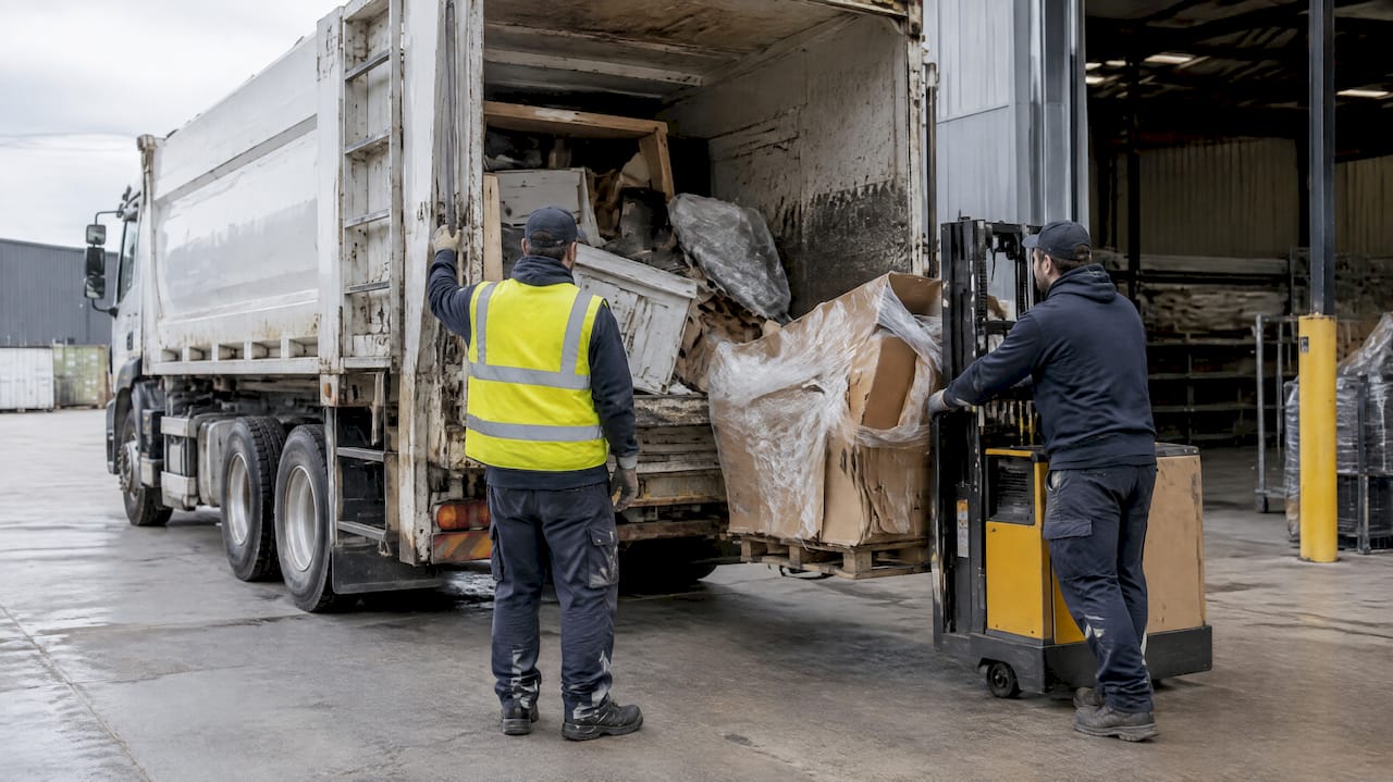 Commercial waste crew securing a truck load
