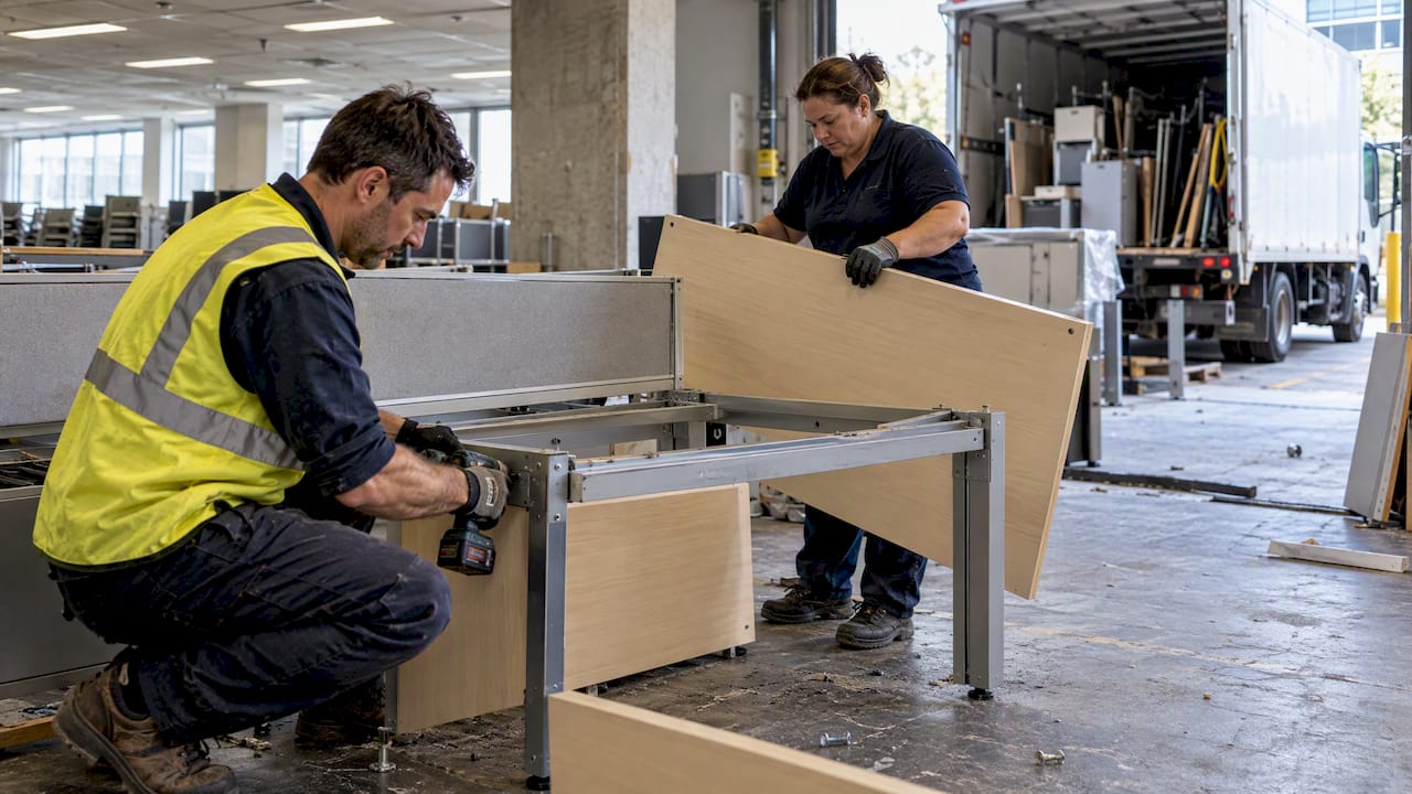Workers disassemble office furniture for reuse