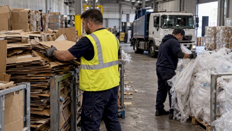 Workers separating commercial cardboard and packaging