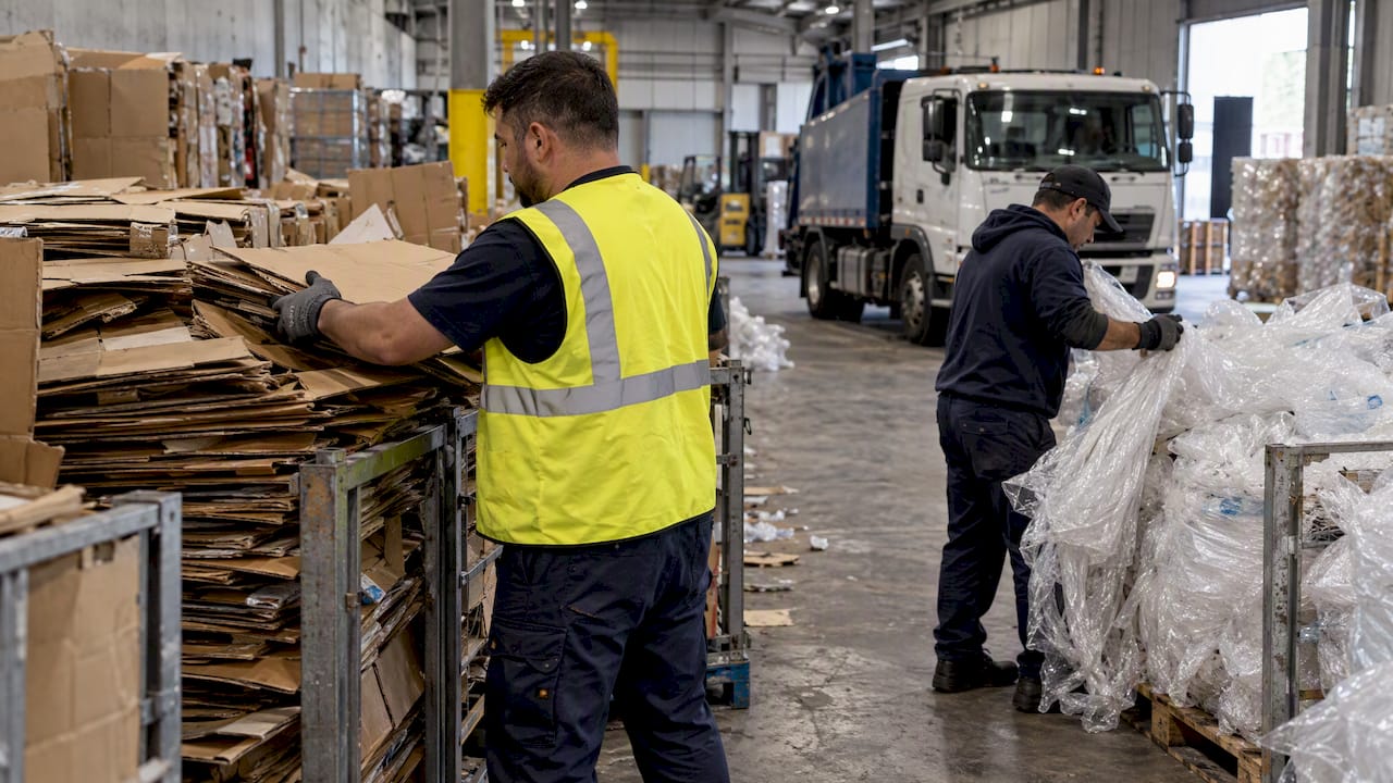 Workers separating commercial cardboard and packaging