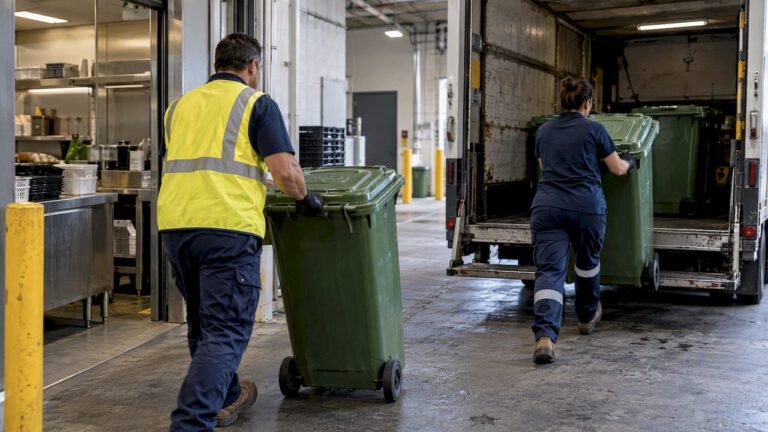 Workers moving commercial food organics for collection