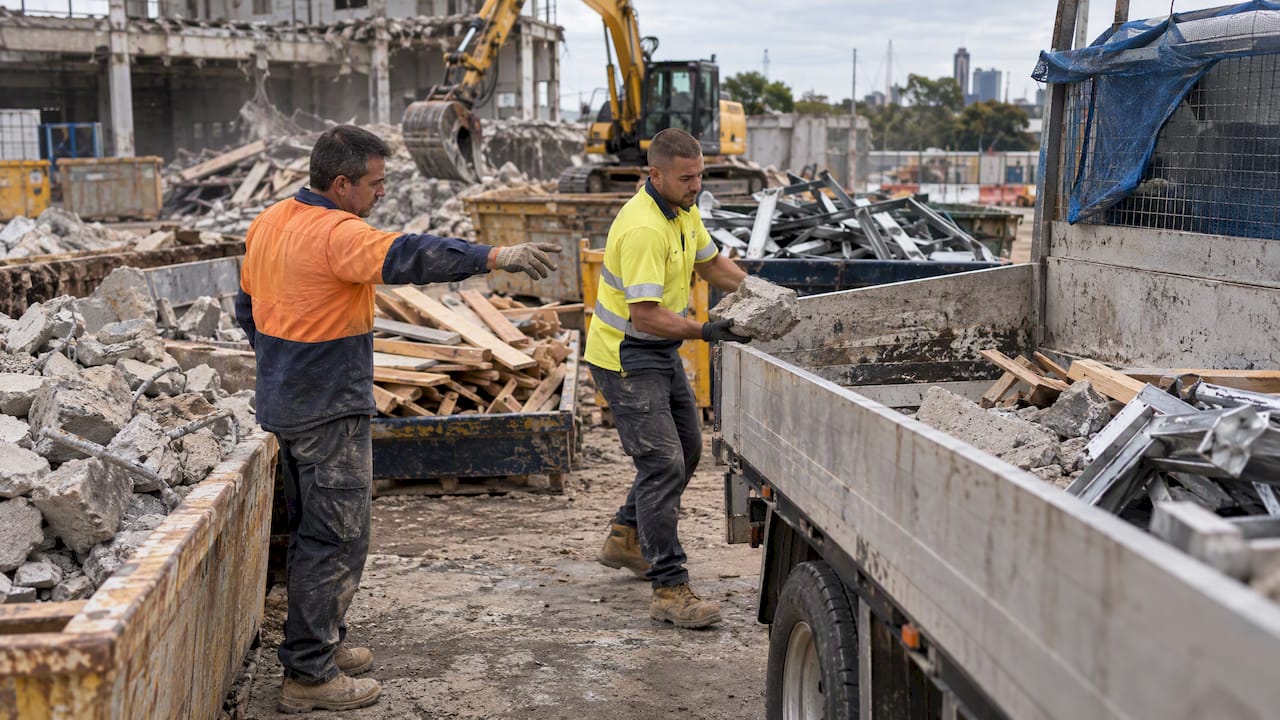 Workers separating rubble timber and metal