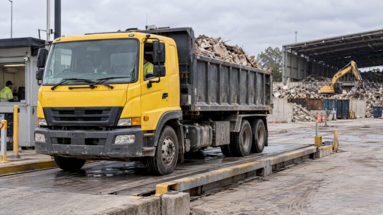Commercial truck crossing a waste facility weighbridge