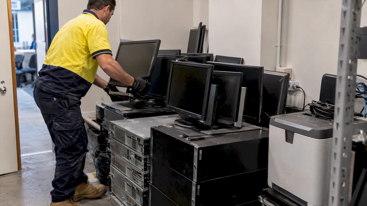Office monitors and servers staged as separate e-waste