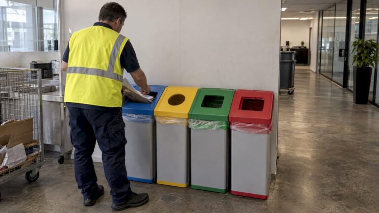 Worker sorting recyclables at an office station